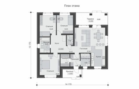 Одноэтажный дом с тремя спальнями и террасой