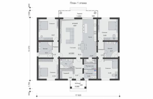 Одноэтажный дом с террасой, крыльцом и четырьмя спальнями